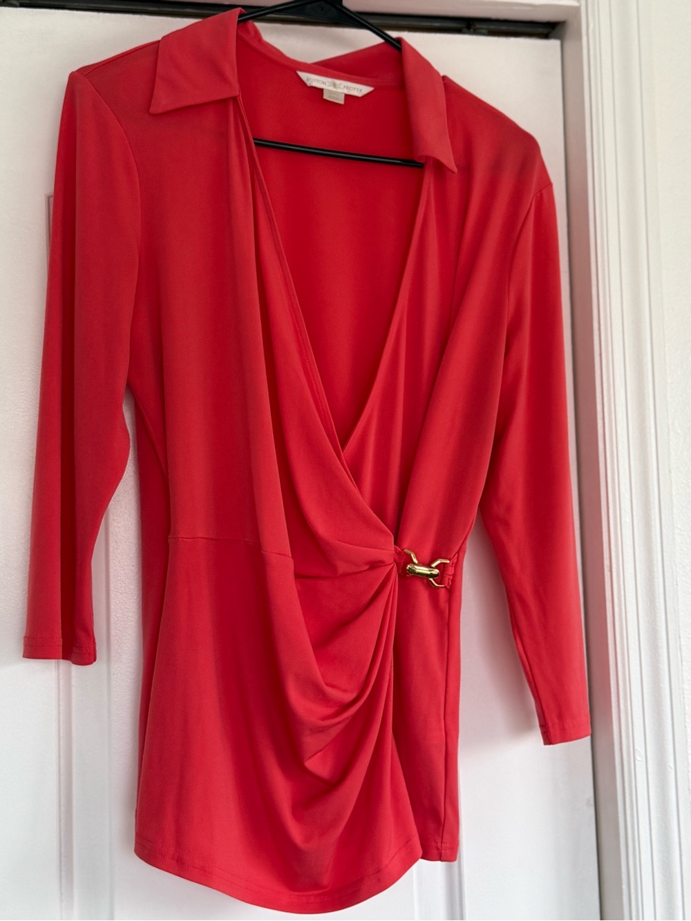Boston Proper Red Draped Surplice Top with Gold Accent